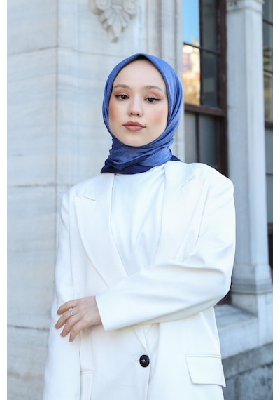 Eşarp - Premium Lux Original Monogram Eşarp İpek Vual, Yüksek Kalite, Hafif, Rahat, Şık, Scarf Mavi Lacivert Şeritli