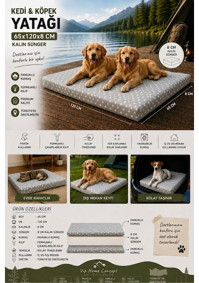 Xl Büyük Irk Köpek Yatağı Süngerli Fermuarlı Yıkanabilir Kılıflı Köpek Minderi 65x120x8 Cm-gri Yıldız