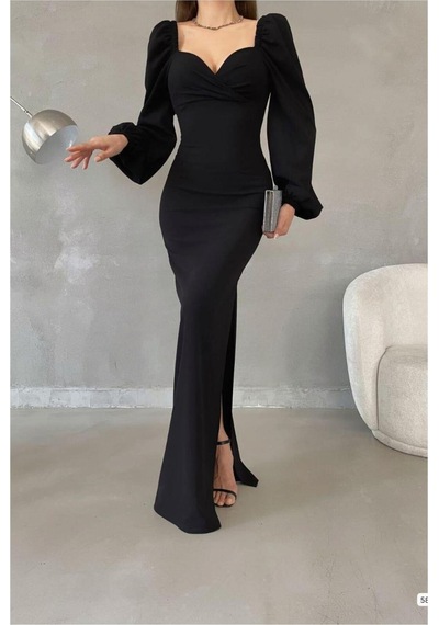 DefyModa Kadın Zarif Stil Krep Kumaş Kalp Yaka Yırtmaçlı Maxi Abiye Elbise Siyah
