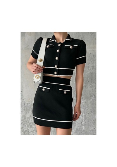 De Pose Kadın Siyah Polo Yaka Inci Düğmeli Mini Etek Crop Ikili Takım