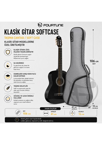 Fourtune Luca Gri Klasik Gitar Çantası Gigbag Kalın Soft Case