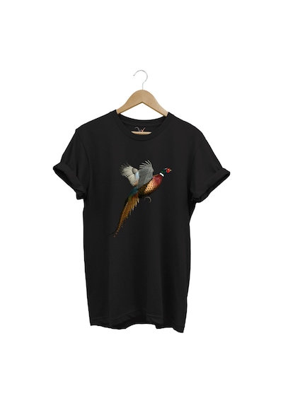Avcılık Tavuskuşu Baskılı Minimal Regular Fit %100 Pamuk Siyah T-shirt Siyah