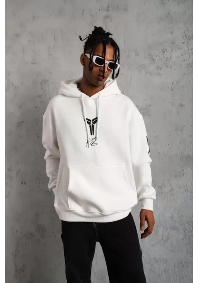 Vexor Unisex Sırt Baskılı Kapüşonlu Üç İplik Oversize Sweatshirt - Beyaz
