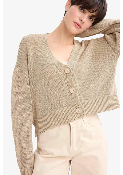 Defacto Relax Fit V Yaka Düğmeli Triko Hırka G4123ax25wnbg26 Bej-bg26