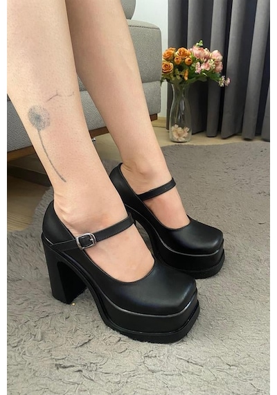 Kadın Siyah Tek Baretli 12 Cm Platform Topuklu Ayakkabı Siyah