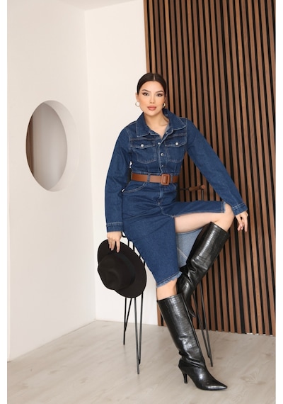 Kene Jeans Lacivert Kemerli Uzun Kol Çıtçıt Kapamalı Ön Yırtmaçlı Etek Püsküllü Elbise Lacivert Kene Jeans Lacivert Kemerli Uzun Kol Çıtçıt Kapamalı Ön Yırtmaçlı Etek Püsküllü Elbise Lacivert