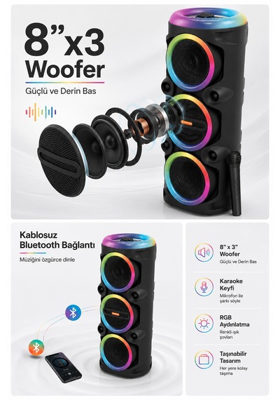Taşınabilir Mikrofonlu 90w Led Işıklı Bluetooth Karaoke Hoparlör Seti