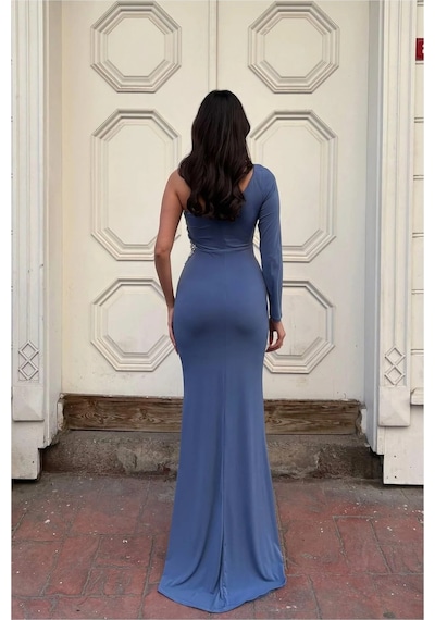 Linabloom Kadın Trend Model Simli Kumaş Asimetrik Yaka Drapeli Tek Kollu Elbise Indigo