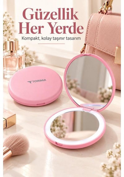 Torima Led Işıklı Type-c Şarjlı Makyaj Aynası Çift Taraflı Hd Mini Ayna Tmr01 Pembe