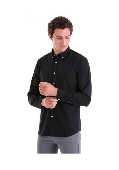 Hatemoğlu Siyah Comfort Fit Düz 100% Pamuk Düğmeli Yaka Uzun Kollu Casual O Siyah