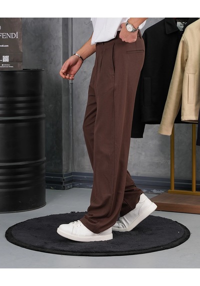 Modefendi Baggy Kalıp Pile Detaylı Kumaş Pantolon Kahverengi