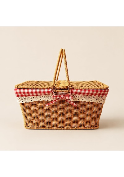 Tr Hasır Piknik Sepeti, Kırmızı Ekoseli Ve Dantelli Kapaklı Taşıma Sepeti, 39x27x18 Cm Ahşap Görünümlü Pikni Diğer
