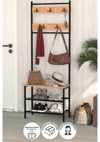 Bofigo 3 Raflı Metal Portmanto Elbise Askılığı Vestiyer Ayakkabılık Samanyolu Çam Çam