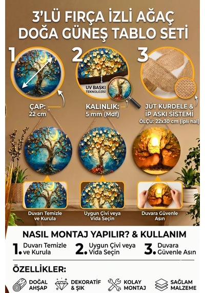 Fırça İzli Ağaç Doğa Güneş Görselli 3 Lü İpli Ahşap Duvar Tablo Seti, Salon Yatak Odası Modern Dekor