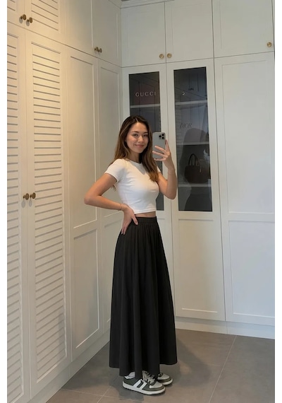 Kadın Siyah Poplin Kumaş Uzun Etek Beli Lastikli Günlük Maxi Etek 90 Cm