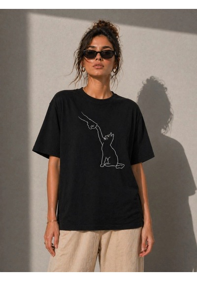 Wear Vexel Kadın Minimal Kedi Çizim Baskılı Tişört Kısa Kol Yazlık T-shirt - Siyah Siyah