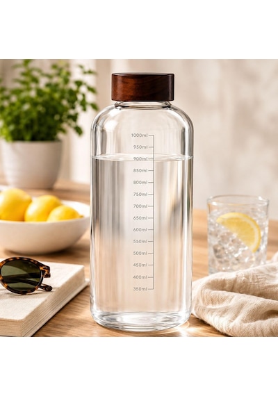 1000 Ml Akasya Kapaklı Cam Matara Ölçekli Su Şişesi Sızdırmaz Kapaklı Şeffaf Cam Suluk Diğer
