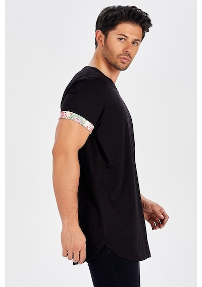 Peraluna Kol Ucu Desenli Uzun Siyah Pamuklu Erkek T-Shirt-Siyah