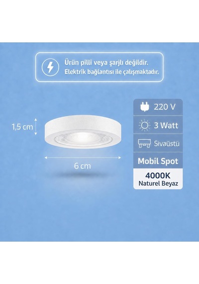 Sıva Üstü 3w Mini Beyaz Mobil Spot 4000k Naturel Beyaz Işık, 6 Cm Raf Ve Dolap Aydınlatma Spotu Elektrik Bağlantılı Şarjlı/pilli Değildir Diğer Sıva Üstü 3w Mini Beyaz Mobil Spot 4000k Naturel Beyaz Işık, 6 Cm Raf Ve Dolap Aydınlatma Spotu Elektrik Bağlantılı Şarjlı/pilli Değildir Diğer