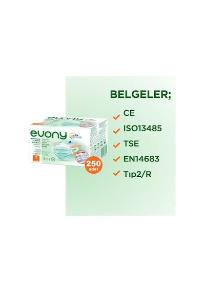 Evony Elastik Kulaklı 3 Katlı Cerrahi Maske 250 Adet