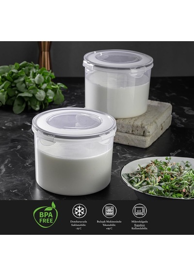 2'li Hava Almaz Kapaklı Saklama Kabı Seti - Vakum Kapaklı Yoğurt Kefir Mayalama Kabı 2x2500 Ml Çok Renkli