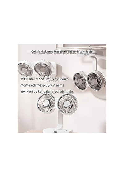 Hr001 Çift Kafalı Vntilatör Otomatik Salınımlı Şarjlı Masaüstü Ve Duvara Asılabilir Fan Serinletici Led Işıklı Mini Klima
