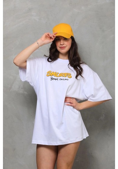 Freedom Store Kadın Bisiklet Yaka Baskılı Oversize T-shirt - Beyaz