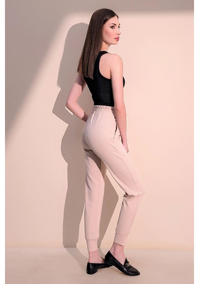 Kadın Bej Rahat Dokulu Kumaş Cepli Beli Lastikli Paça Jogger Spor Pantolon Bej