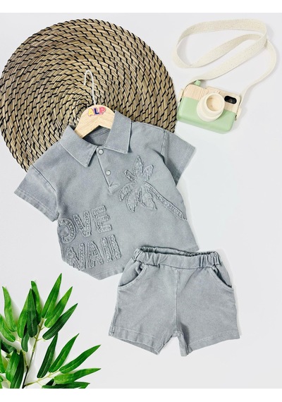 Alpbebe Vestfalya Love Nakışlı Önden Çıtçıt Örme Kot Yazlık Takım - Gri Gri