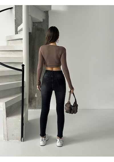 Kadın Bıyık İşlemli Kot Dar Paça Jeans Füme