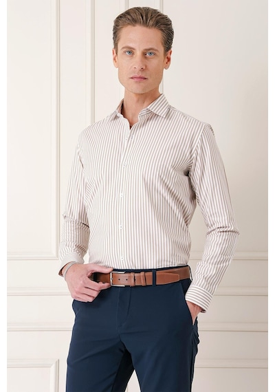 Efor Slim Fit Dikine Çizgili %100 Pamuk Klasik Bej Beyaz Gömlek Gk 721 Bej