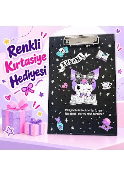 Lisanslı Kuromi Kitap Okuma Temalı Siyah Sekreterlik 25x30 Cm Metal Mandallı Yazı Altlığı - 9001590939511