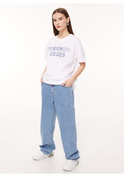 Moschino Jeans Beyaz Kadın Bisiklet Yaka Baskılı T-shirt J0708