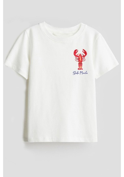 Monila Unisex Istakoz Baskılı Pamuklu T-shirt Beyaz