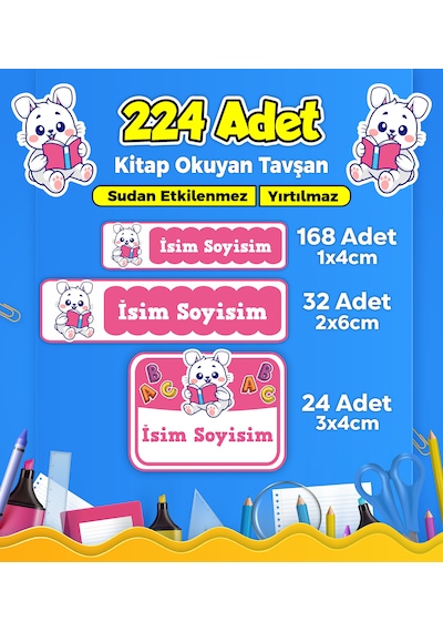 Sevimli Tavşan Temalı Okul Kreş Kişiye Özel İsim Etiket Seti - Model 167 Çok Renkli