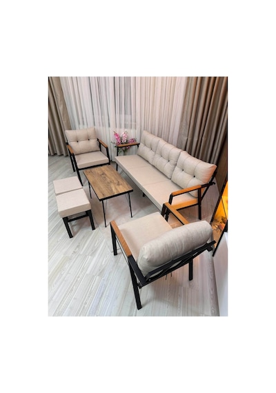 Houseart Balkon, Bahçe - Metal Kanepe Koltuk Takımı 3+1+1 + 2 Adet Puf + Sehpa Krem