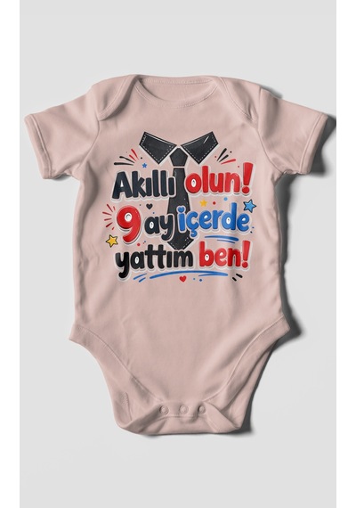 Morivokids Akilli Olun 9 Yazılı Kısa Kollu Bebek Body %100 Pamuk Pastel Pembe