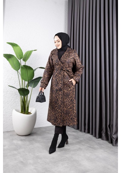 Harman Butik Kadın Astarlı Leopar Desenli Kaşe Kaban Kahverengi Kahverengi