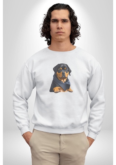 Puppy Köpek Rottweiler Unisex Beyaz Baskılı Sweatshirt Beyaz
