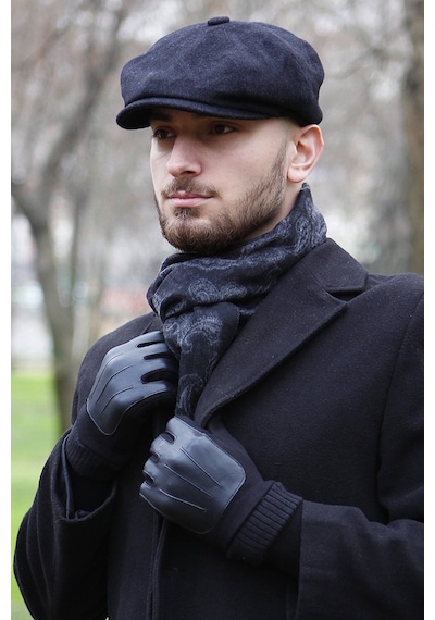 Eleven Markets Kışlık 8 Parca Kaşmir Düz Renk Siyah Peaky Blinders Model Erkek Kasket London Şapka Siyah