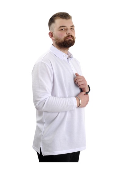 Mode Xl Büyük Beden Erkek Sweatshirt Polo Yaka Uzun Kol Waffle 23449 Beyaz Beyaz