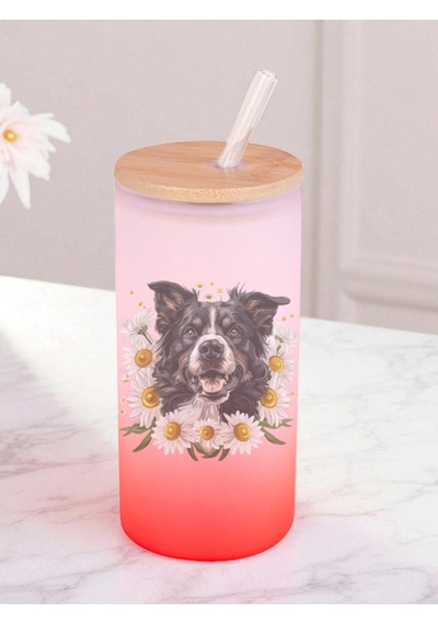 Papatyalı Köpek Baskılı 600 Ml Cam Matara- Su Matarası, Suluk Matara, Cam Pipetli Matara Kırmızı