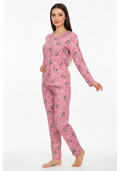 Bisiklet Yaka Süet Pijama Takımı 6008 Penguen Pembe Turuncu