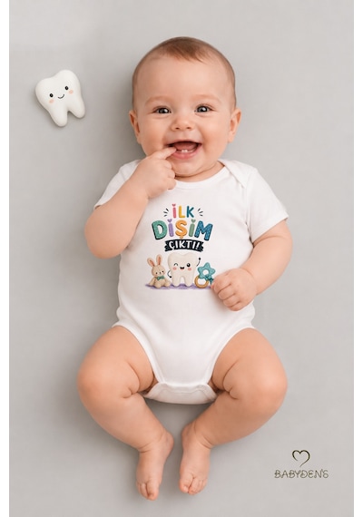Babyden's Diş Buğdayı Body %100 Pamuk İlk Dişim Çıktı Baskılı Bebek Kısa Kollu Body Çıtçıtlı Unisex Yenidoğan Zıbın Beyaz