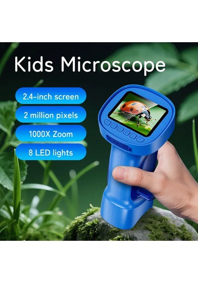 395 Mavi Taşınabilir Dijital Çocuk Mikroskobu - 2.4 İnç Ips Ekranlı, 1080p Full Hd, 1000x Zoom, 8 Led Işıklı Eğitici Bilim Kiti