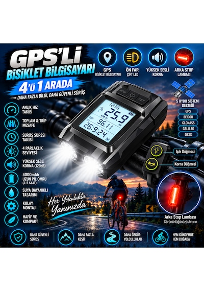Gps'li Bisiklet Kilometre Saati 4'ü 1 Arada Bisiklet Farı Feneri Led Korna Arka Stop Lambası Bisiklet Bilgisayarı Siyah
