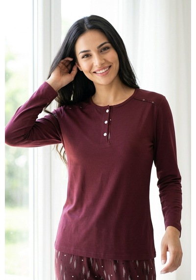 Aura Collections Kadın Pamuklu Uzun Kollu Üç Düğmeli Biyeli Soft Örme Pijama Takımı Bordo