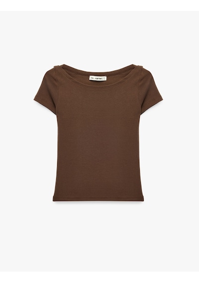 Koton Pamuklu Slim Fit Kayık Yaka Kısa Kollu Basic Tişört Kahverengi 7wal10337ık Kahve
