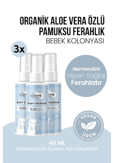Hassas Ciltlere Özel Organik Aloe Vera Özlü Taze Pamuk Kokulu Soft Cotton Feel Bebek Kolonyası Çanta Boyu 3'lü