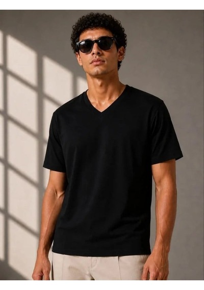 Alemdarshop Erkek V Yaka Basic Tişört Kısa Kol Yazlık Regular Fit T-shirt - Siyah